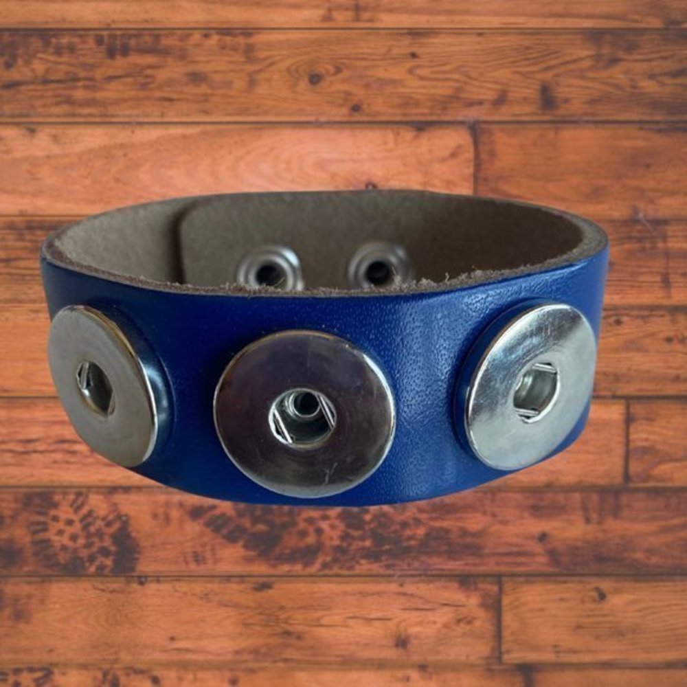 Blue Leather  3 Snap button Bracelet